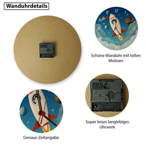 Rakete im Weltall Wanduhr für Kinder