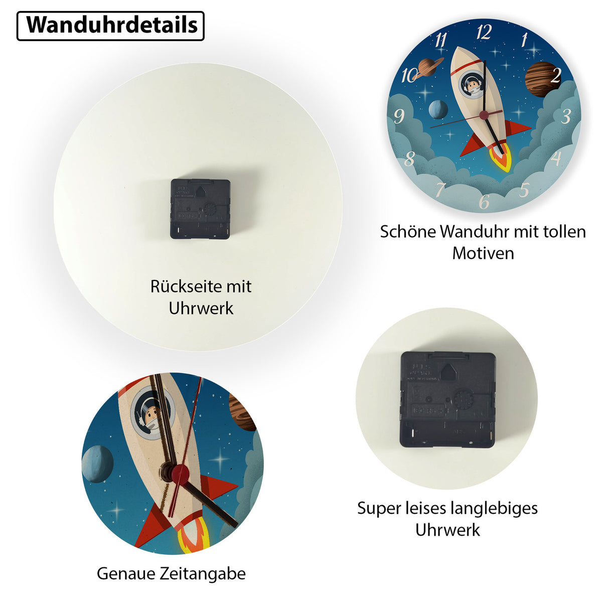 Rakete im Weltall Wanduhr für Kinder