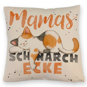 Orange Katze Kissen mit Spruch Mamas Schnarchecke