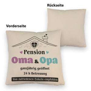 Pension Oma & Opa Kissen mit Spruch Von zufriedenen Enkeln empfohlen