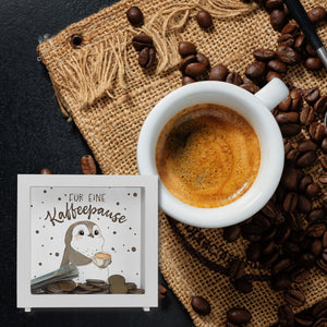 Pinguin mit Cappuccino Spardose mit Spruch Für eine Kaffeepause