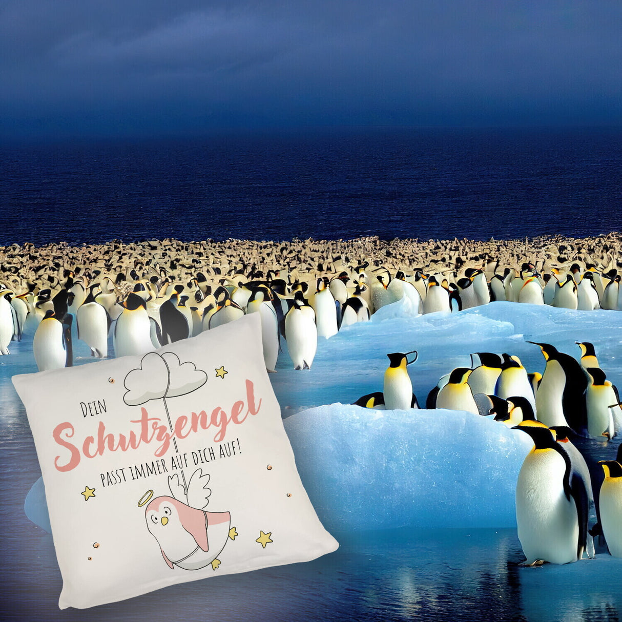 Schutzengel-Pinguin Kissen mit Spruch passe immer auf dich auf