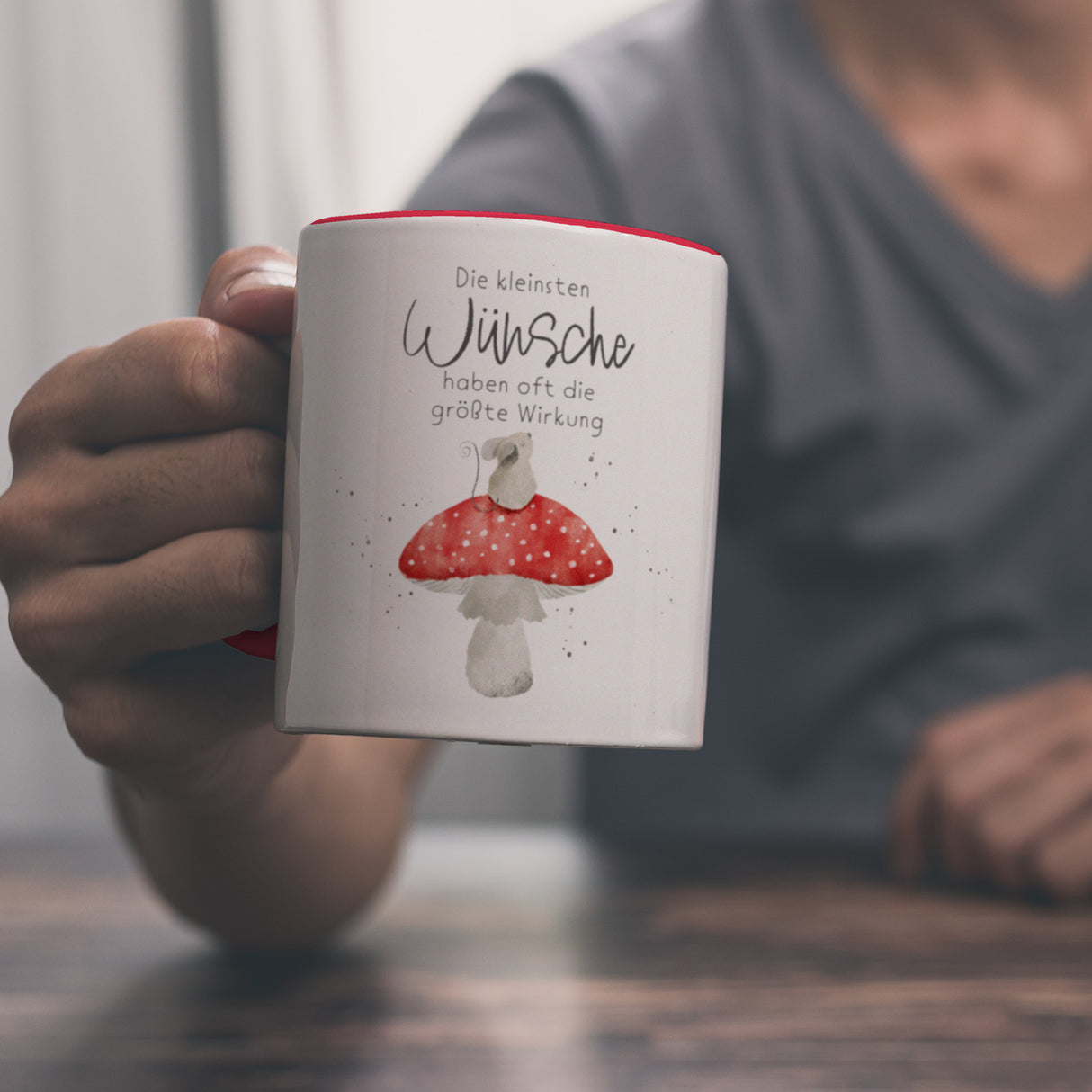 Maus auf Fliegenpilz Kaffeebecher mit Spruch Kleinste Wünsche größte Wirkung