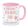 Herzen Kaffeebecher mit Spruch Ich liebe dich mehr! Ende.