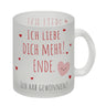 Herzen Kaffeebecher mit Spruch Ich liebe dich mehr! Ende.