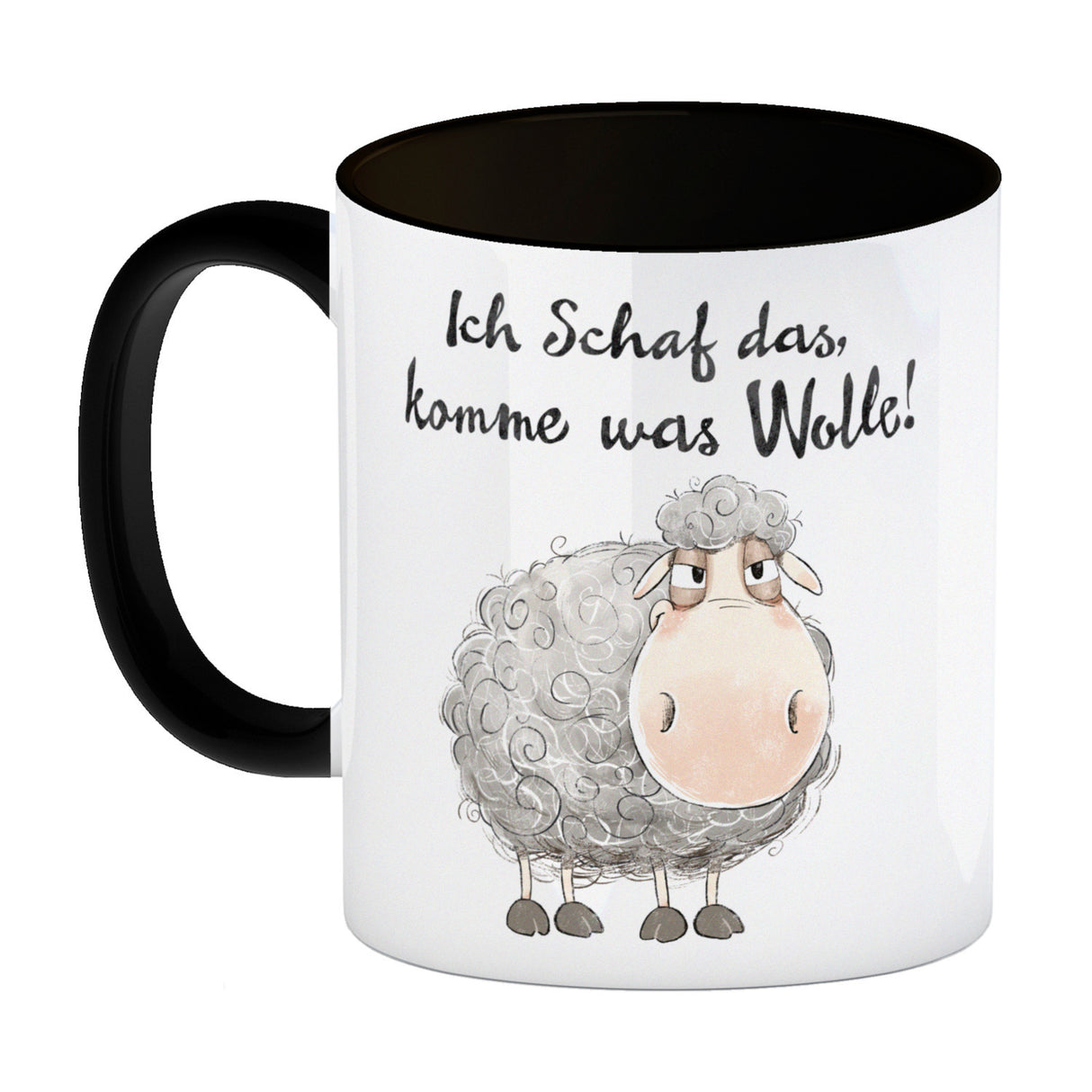 Schaf Kaffeebecher mit Spruch Ich Schaf das komme was Wolle