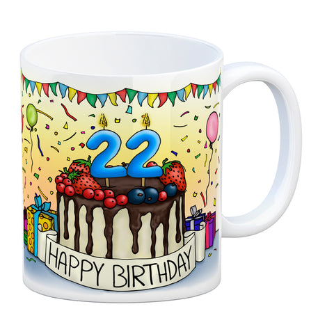 22. Geburtstag Tasse mit Kuchen und Geschenk und Anhänger: zum 8036. Tag