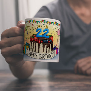 22. Geburtstag Tasse mit Kuchen und Geschenk und Anhänger: zum 8036. Tag