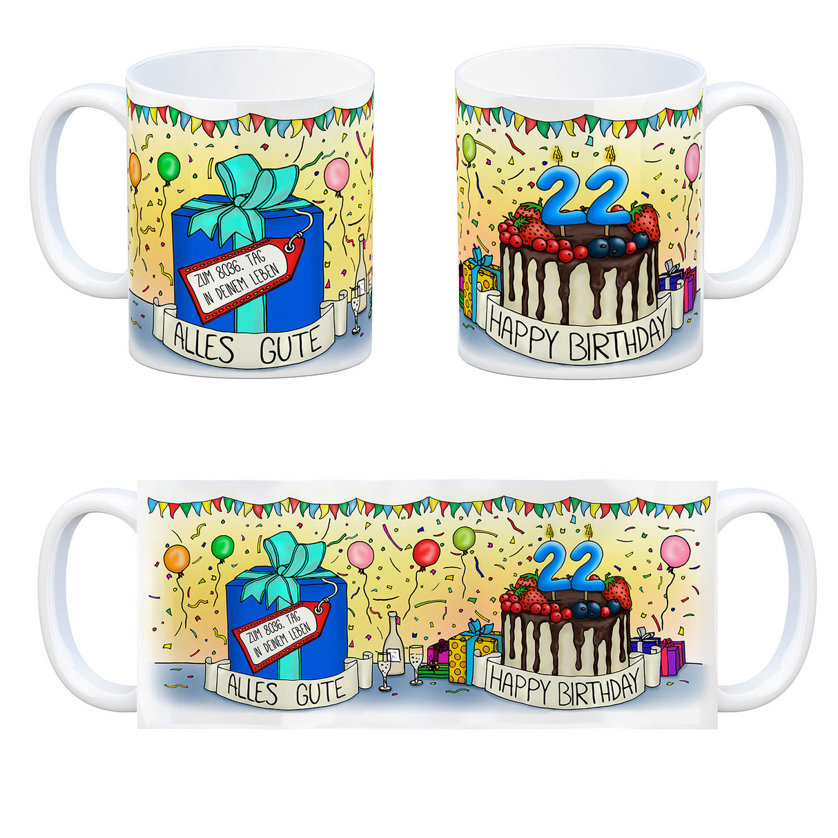 22. Geburtstag Tasse mit Kuchen und Geschenk und Anhänger: zum 8036. Tag