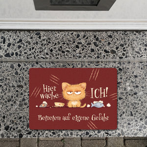 Katze Fußmatte in 35x50 cm ohne Rand mit Spruch Hier wache ich Eigene Gefahr