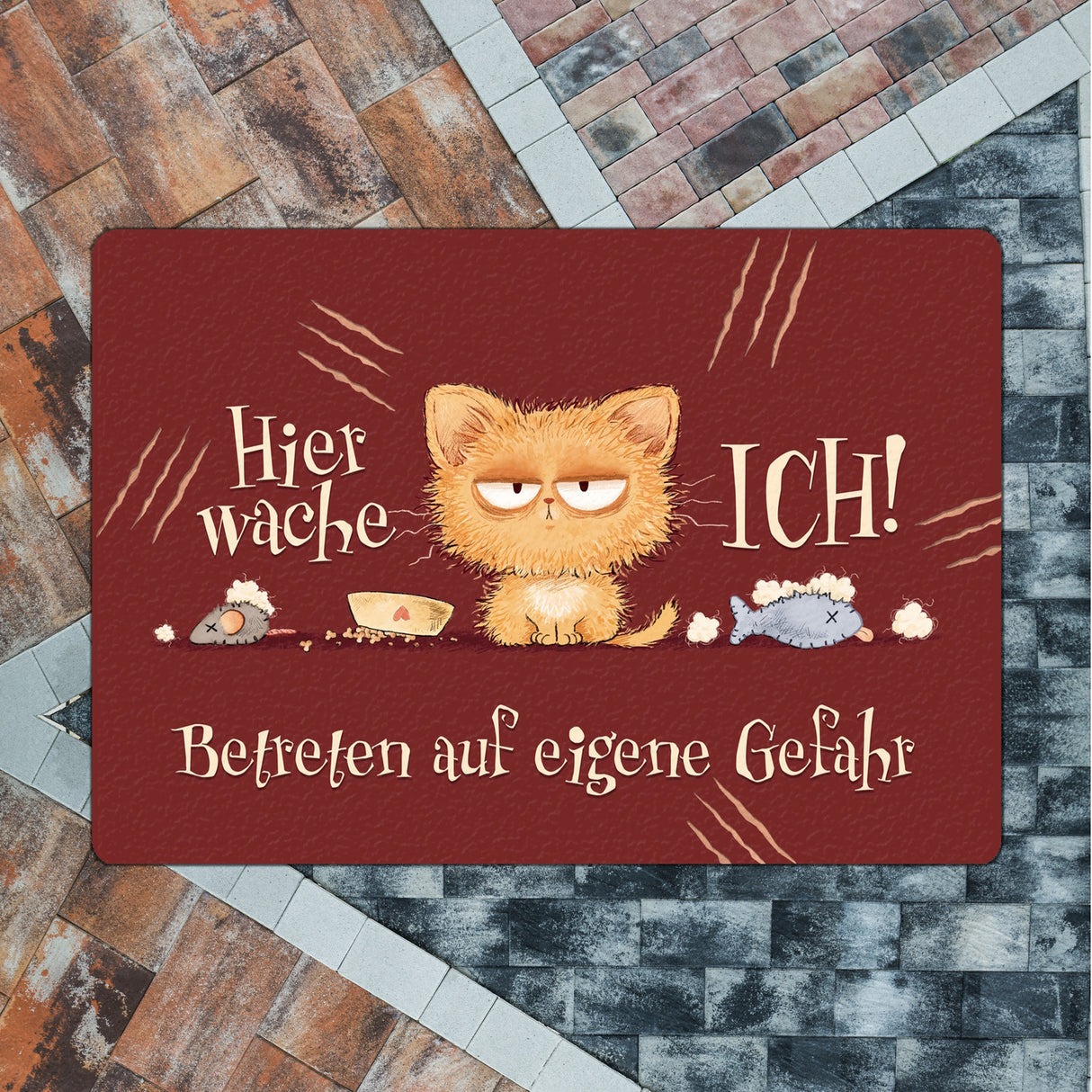 Katze Fußmatte in 35x50 cm ohne Rand mit Spruch Hier wache ich Eigene Gefahr