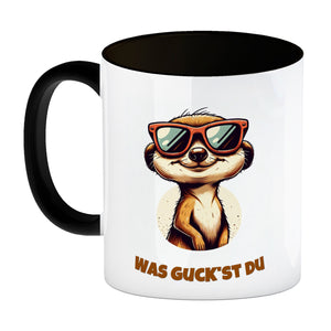 Erdmännchen Geschenke Kaffeebecher mit Spruch Was guckst du