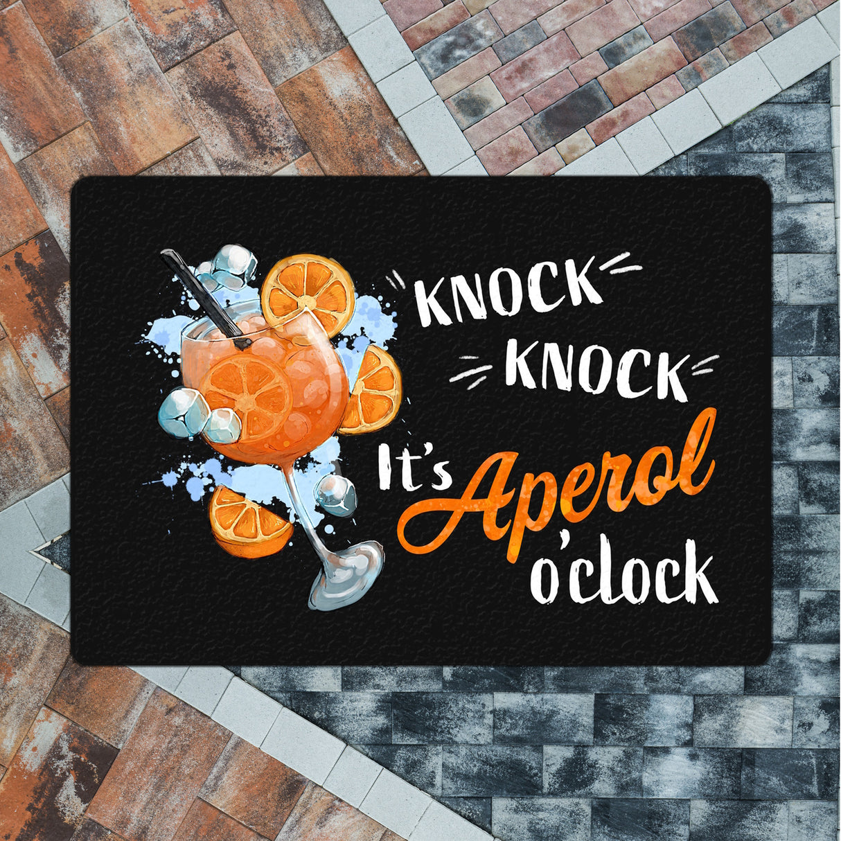 Cocktail Fußmatte in 35x50 cm ohne Rand mit Spruch Knock knock It's Aperol o'clock