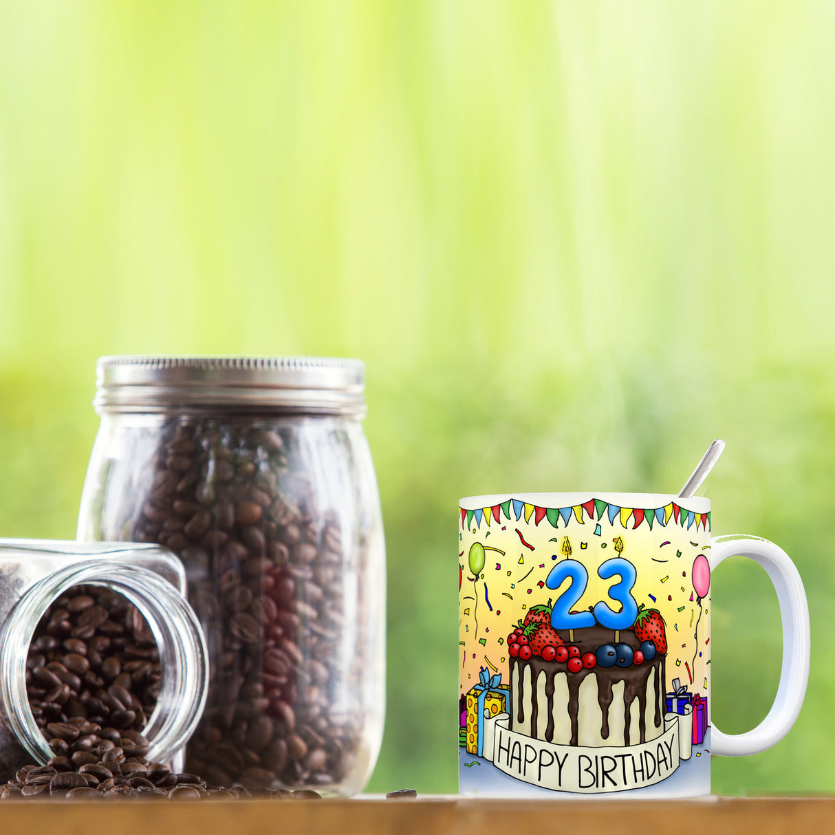 23. Geburtstag Tasse mit Kuchen und Geschenk und Anhänger: zum 8401. Tag
