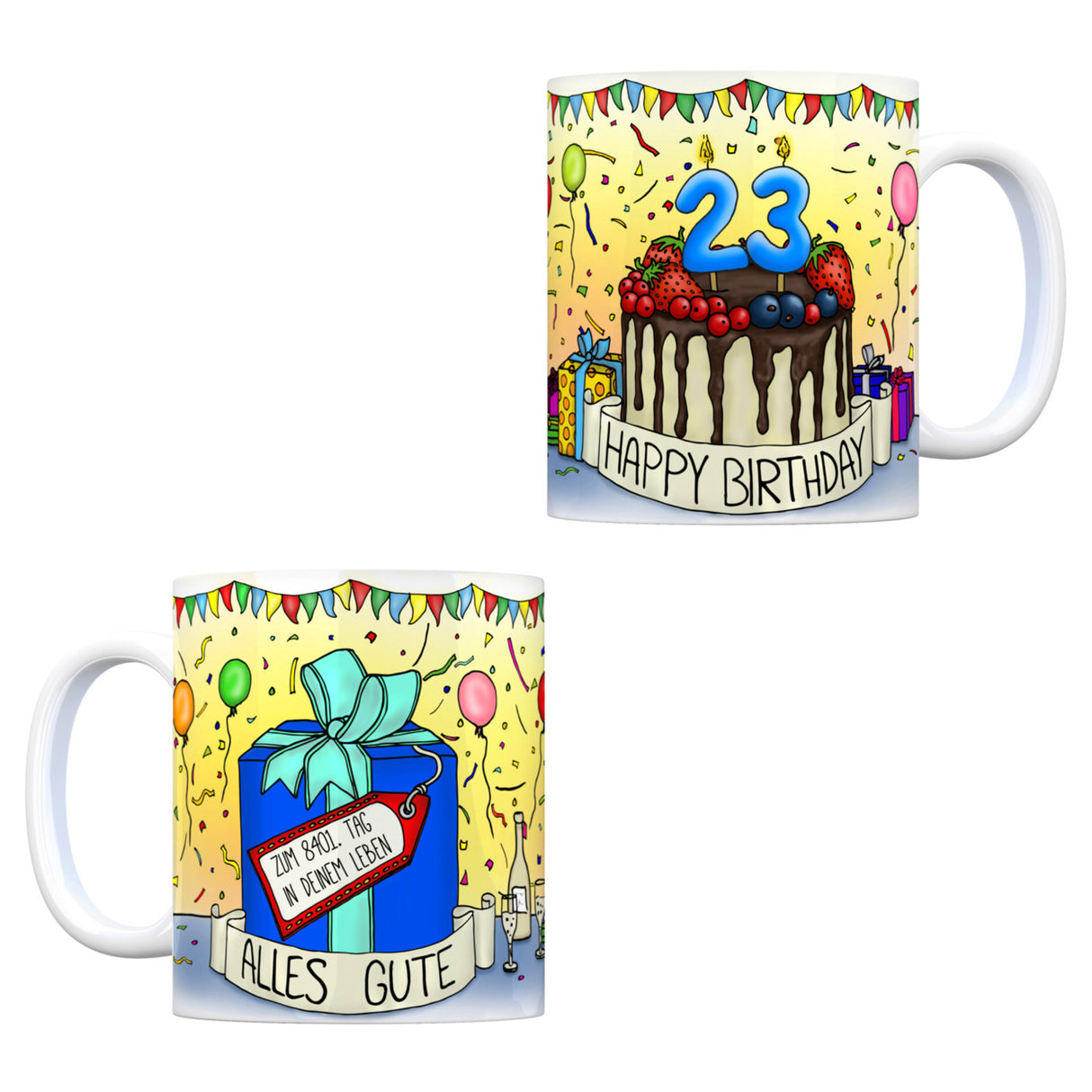 23. Geburtstag Tasse mit Kuchen und Geschenk und Anhänger: zum 8401. Tag
