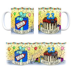 23. Geburtstag Tasse mit Kuchen und Geschenk und Anhänger: zum 8401. Tag
