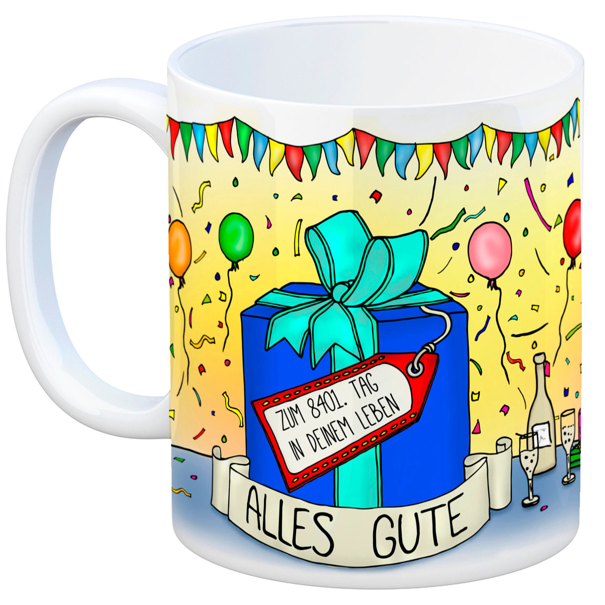 23. Geburtstag Tasse mit Kuchen und Geschenk und Anhänger: zum 8401. Tag