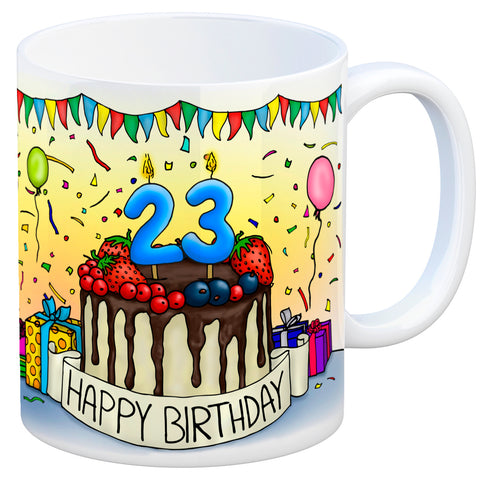 23. Geburtstag Tasse mit Kuchen und Geschenk und Anhänger: zum 8401. Tag