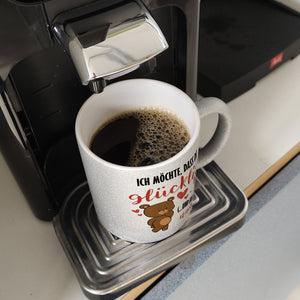 Knuddelbär Kaffeebecher mit Spruch Sei glücklich und etwas nackt