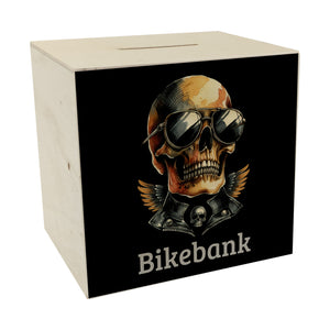 Rocker Totenkopf Spardose mit Spruch Bikebank