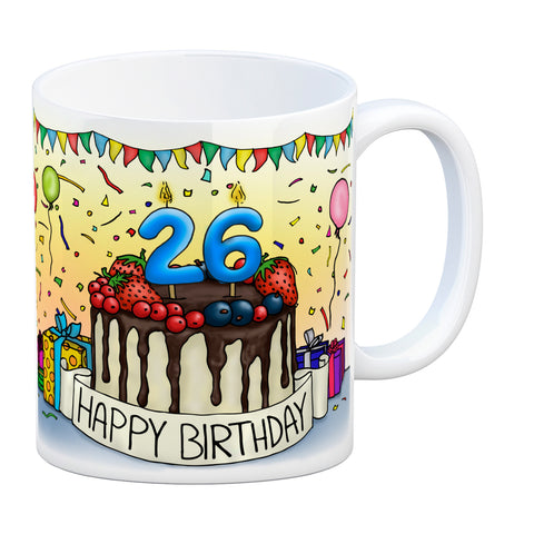 26. Geburtstag Tasse mit Kuchen und Geschenk und Anhänger: zum 9497. Tag
