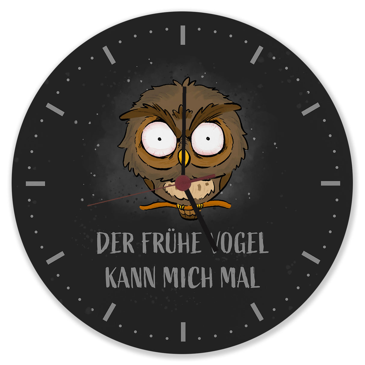 Eule Wanduhr mit Spruch Der frühe Vogel kann mich mal