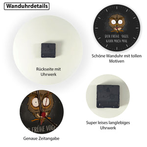 Eule Wanduhr mit Spruch Der frühe Vogel kann mich mal