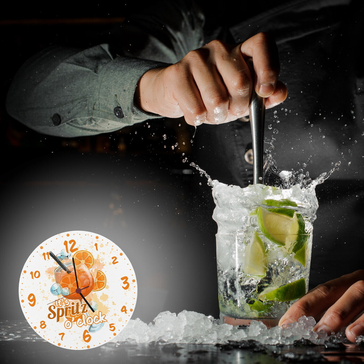 Cocktail Wanduhr mit Spruch It's Spritz o'clock