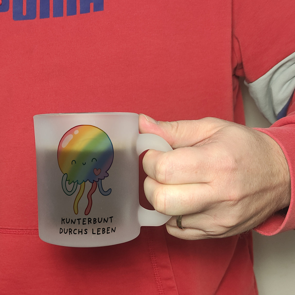 Jelly & Friends Regenbogen-Qualle Kaffeebecher mit Spruch Kunterbunt durchs Leben