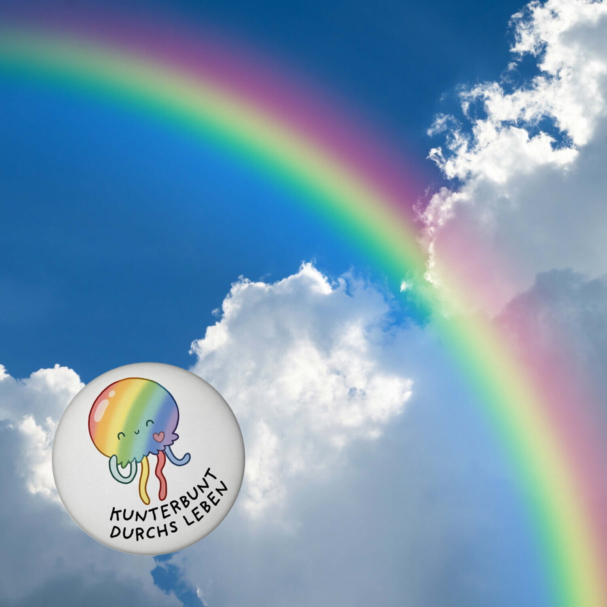 Jelly & Friends Regenbogen-Qualle Magnet rund mit Spruch Kunterbunt durchs Leben