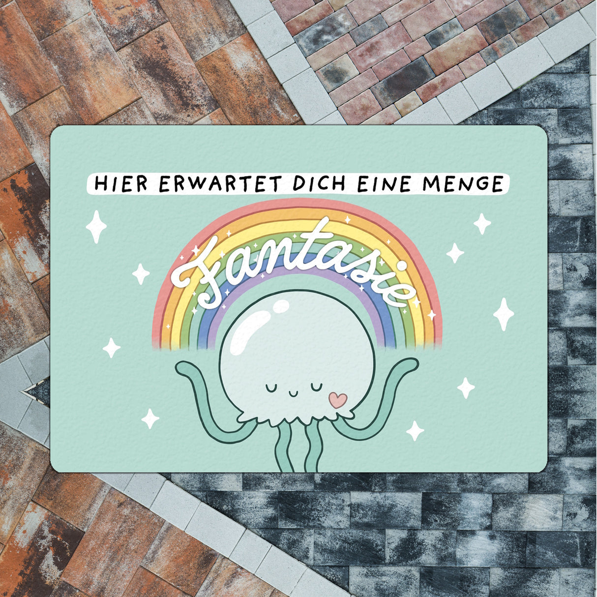 Jelly & Friends Qualle Fußmatte in 35x50 cm ohne Rand mit Spruch Hier erwartet dich eine Menge Fantasie