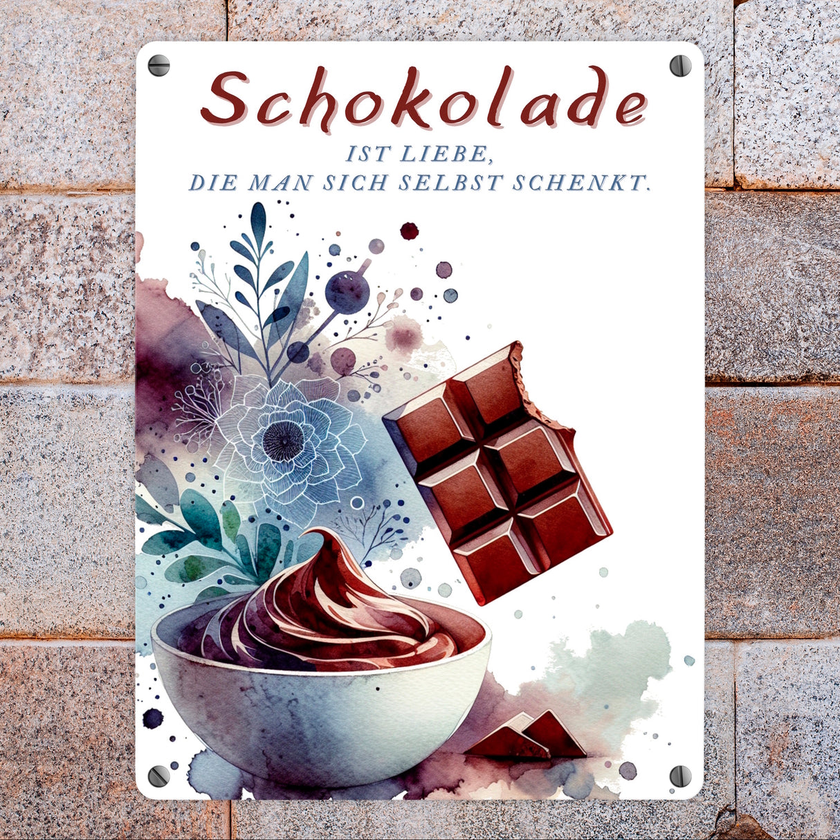 Schokolade Metallschild in 15x20 cm mit Spruch Schokolade ist selbstgeschenkte Liebe