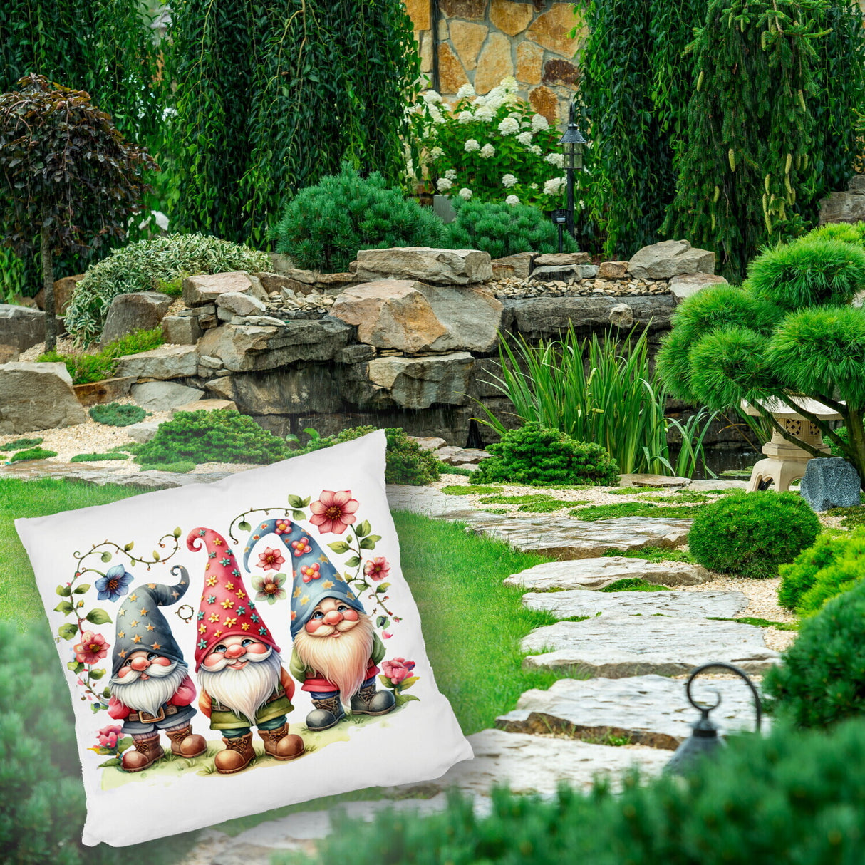 Drei lustige Gartenzwerge Kissen