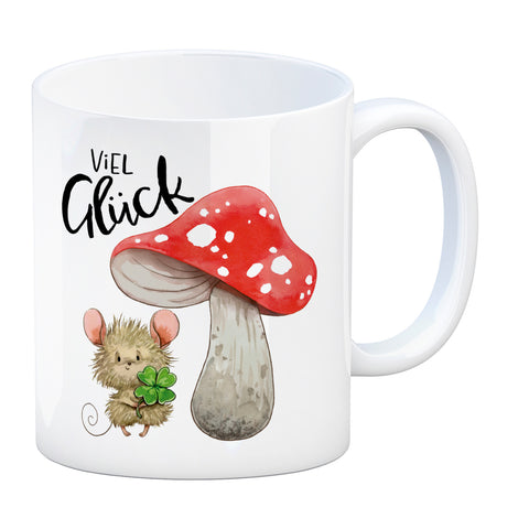 Maus mit Fliegenpilz Kaffeebecher mit Spruch Viel Glück