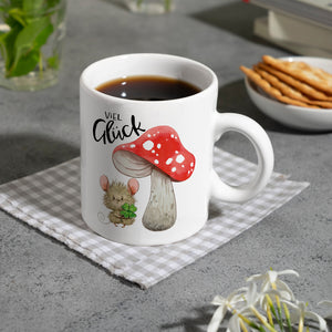 Maus mit Fliegenpilz Kaffeebecher mit Spruch Viel Glück