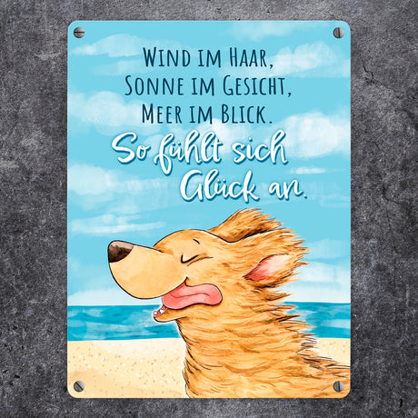 Hund Metallschild in 15x20 cm mit Spruch Wind Sonne Meer - pures Glück