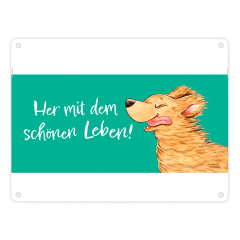 Hund Metallschild in 15x20 cm mit Spruch Her mit dem schönen Leben