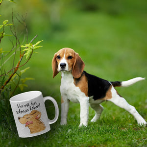 Hund Kaffeebecher mit Spruch Her mit dem schönen Leben