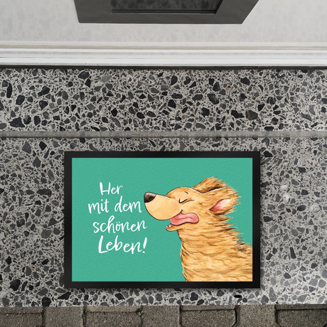Hund Fußmatte in 35x50 cm mit Spruch Her mit dem schönen Leben