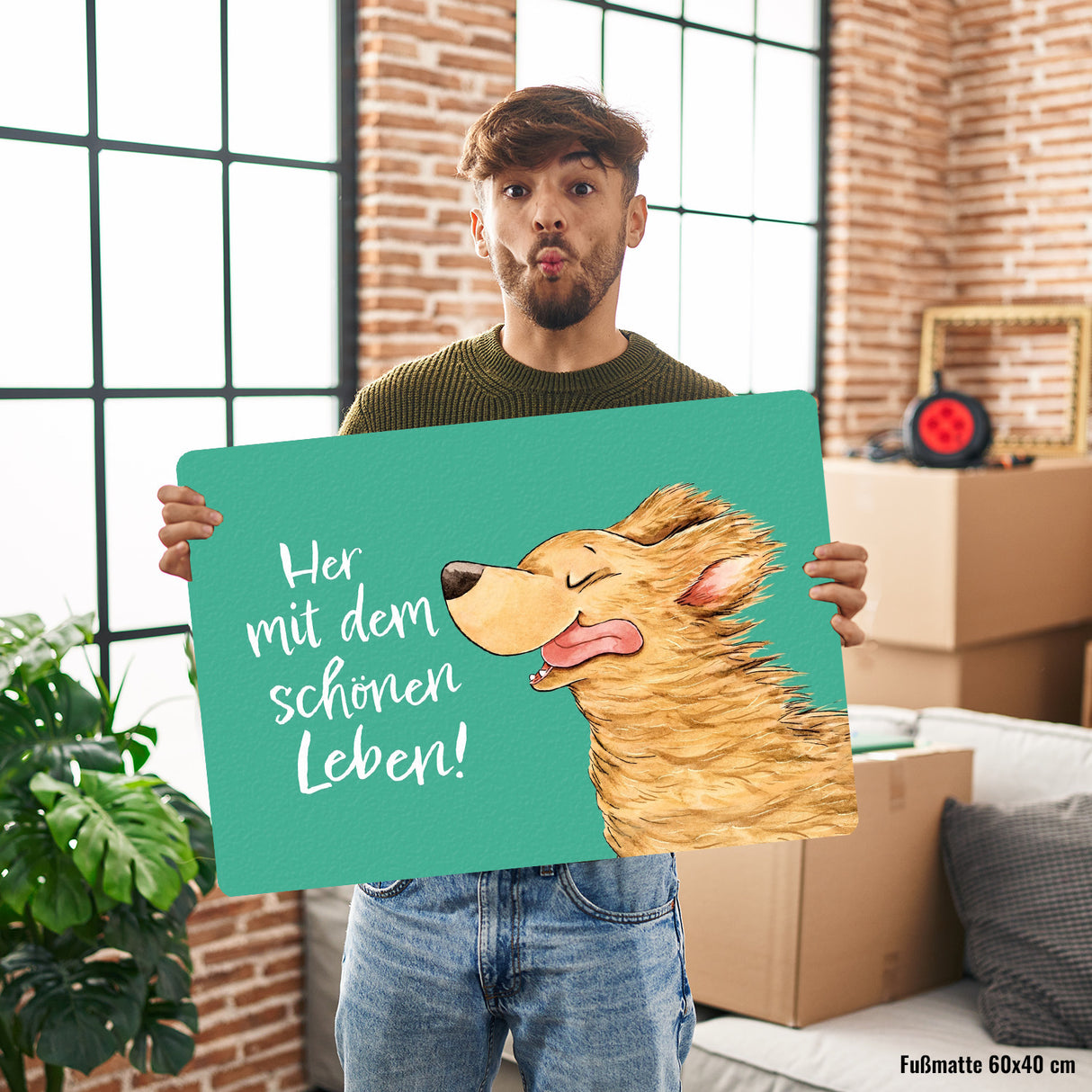 Hund Fußmatte in 35x50 cm ohne Rand mit Spruch Her mit dem schönen Leben