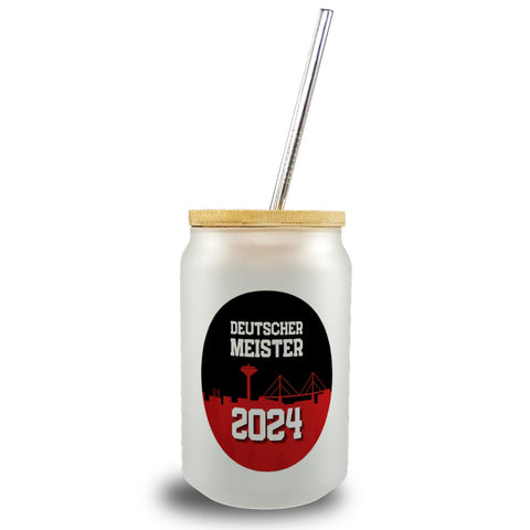 Leverkusen Trinkglas mit Bambusdeckel mit Spruch Deutscher Meister 2024