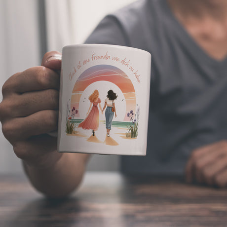 Freundinnen Sonnenuntergang Kaffeebecher mit Spruch Glück ist deine Freundschaft