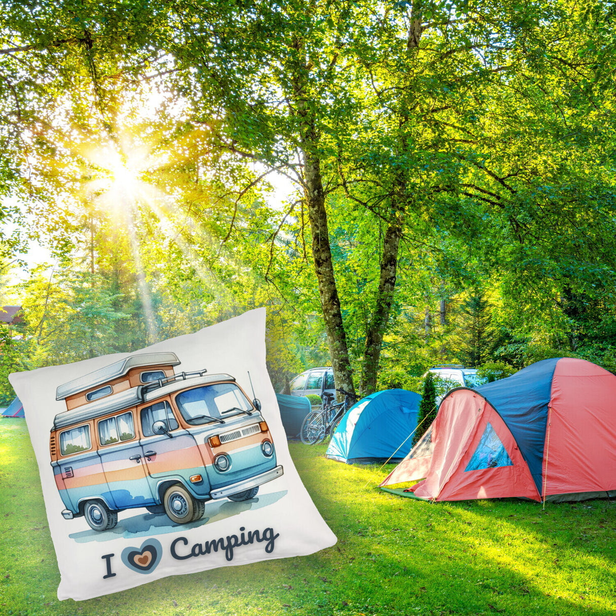 Campervan Kissen mit Spruch I love Camping