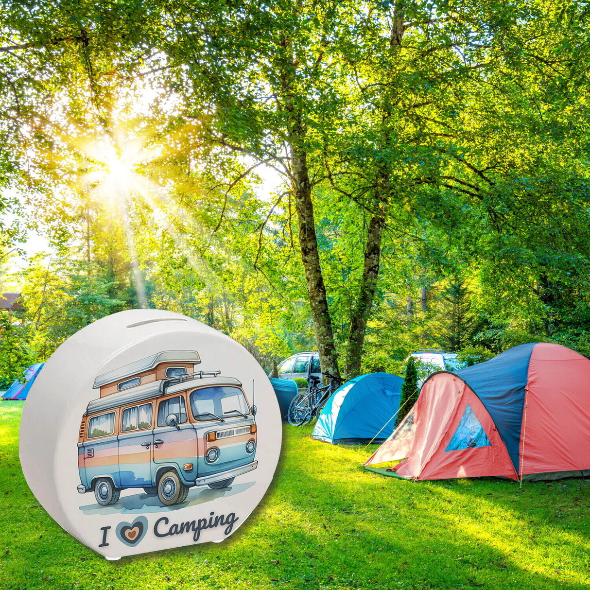 Campervan Spardose mit Spruch I love Camping