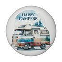 Campingwagen Magnet rund mit Spruch Happy Campers