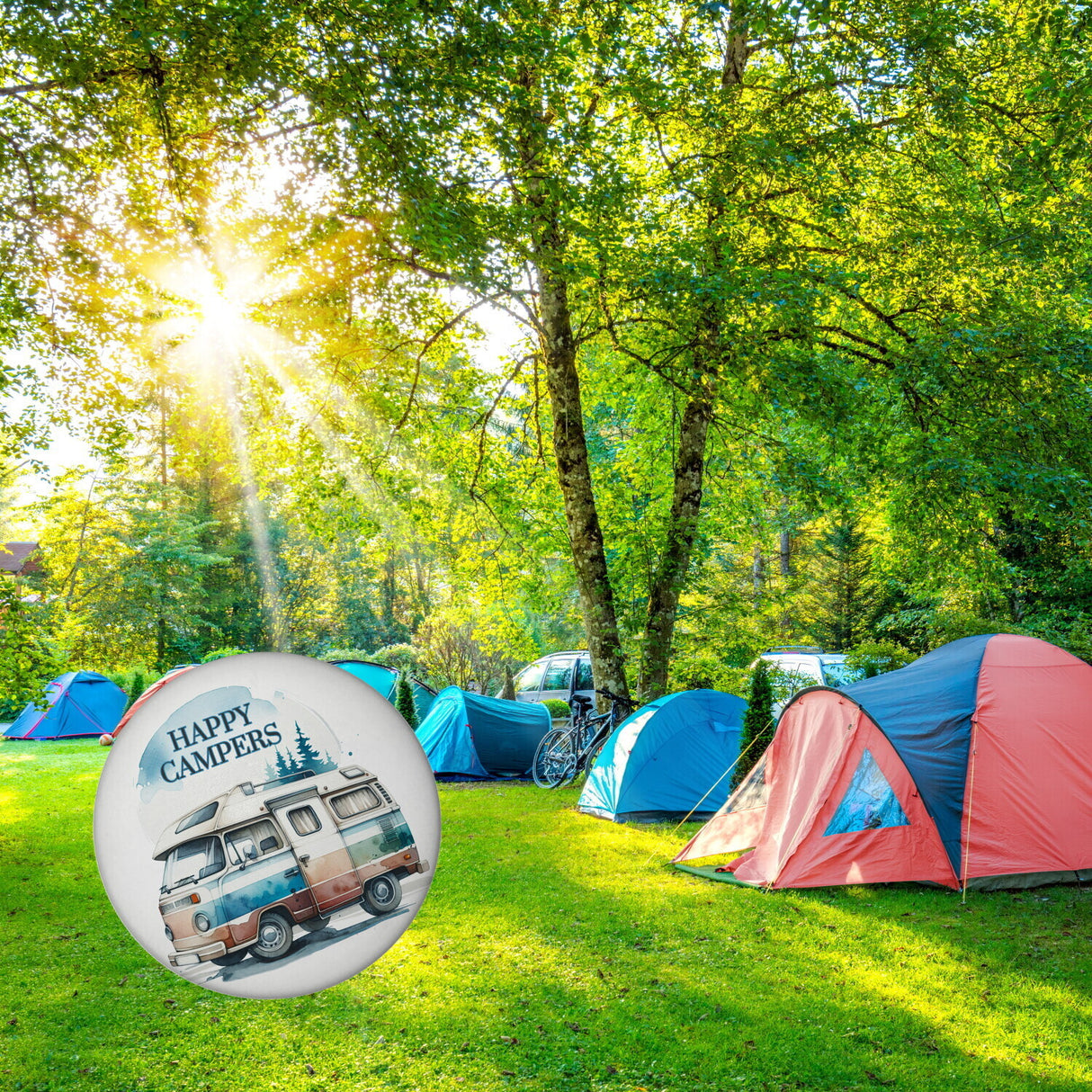Campingwagen Magnet rund mit Spruch Happy Campers
