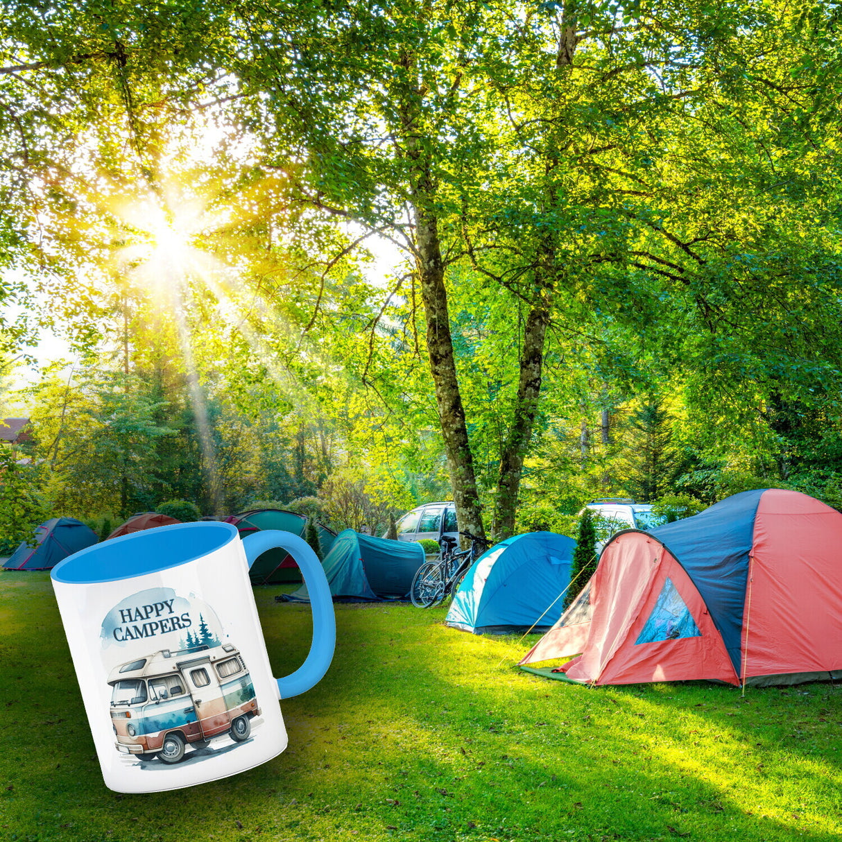 Campingwagen Kaffeebecher mit Spruch Happy Campers