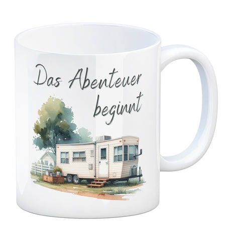 Wohnwagen Kaffeebecher mit Spruch Das Abenteuer beginnt