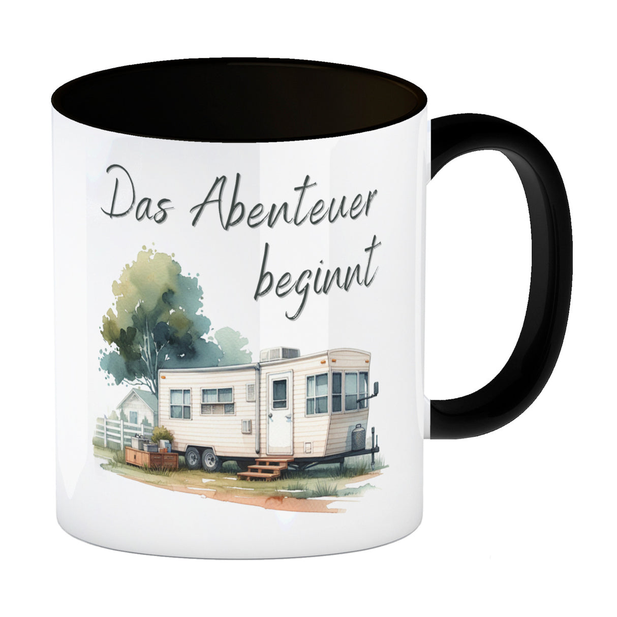 Wohnwagen Kaffeebecher mit Spruch Das Abenteuer beginnt
