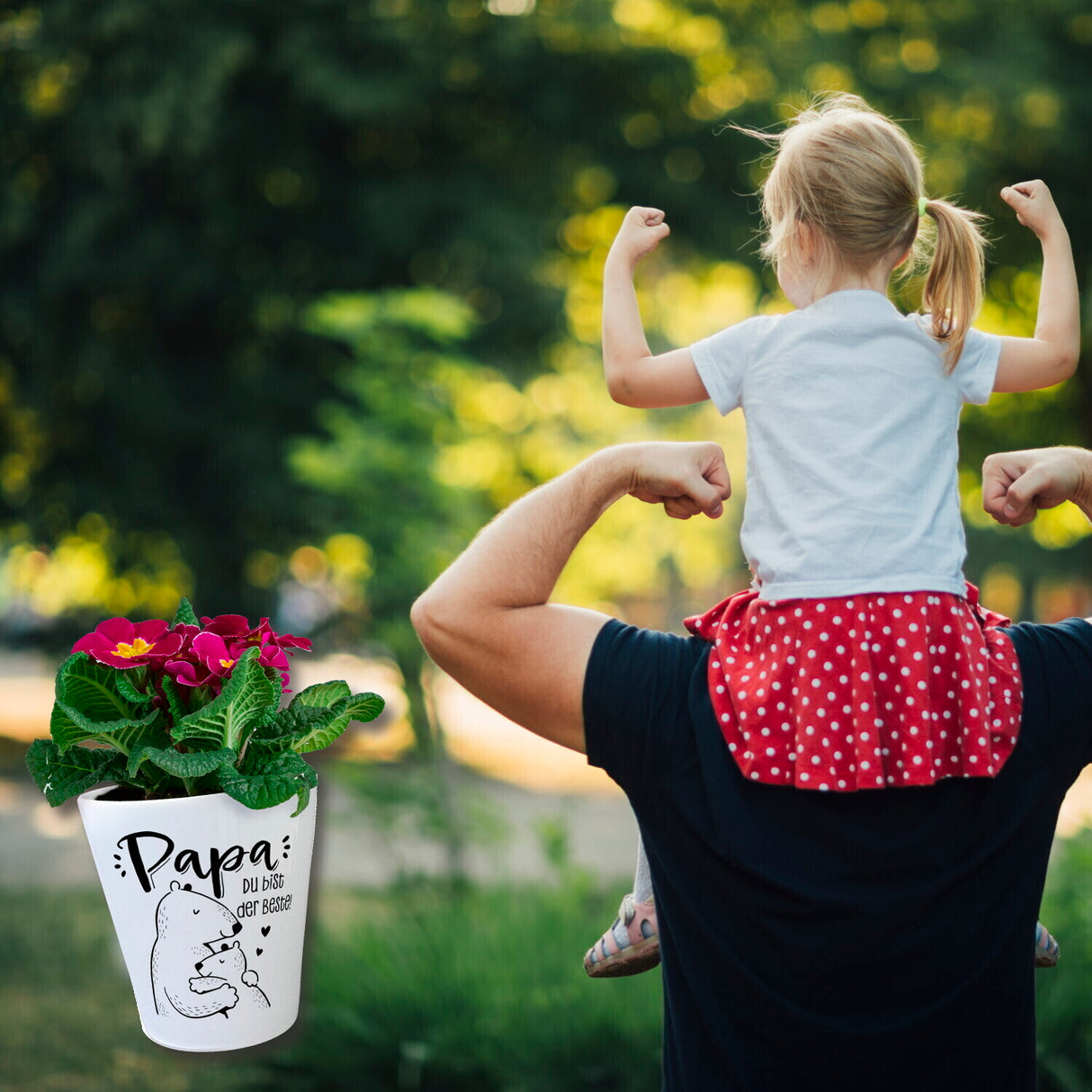 Bären Papa und Kind Blumentopf mit Spruch Papa du bist der Beste